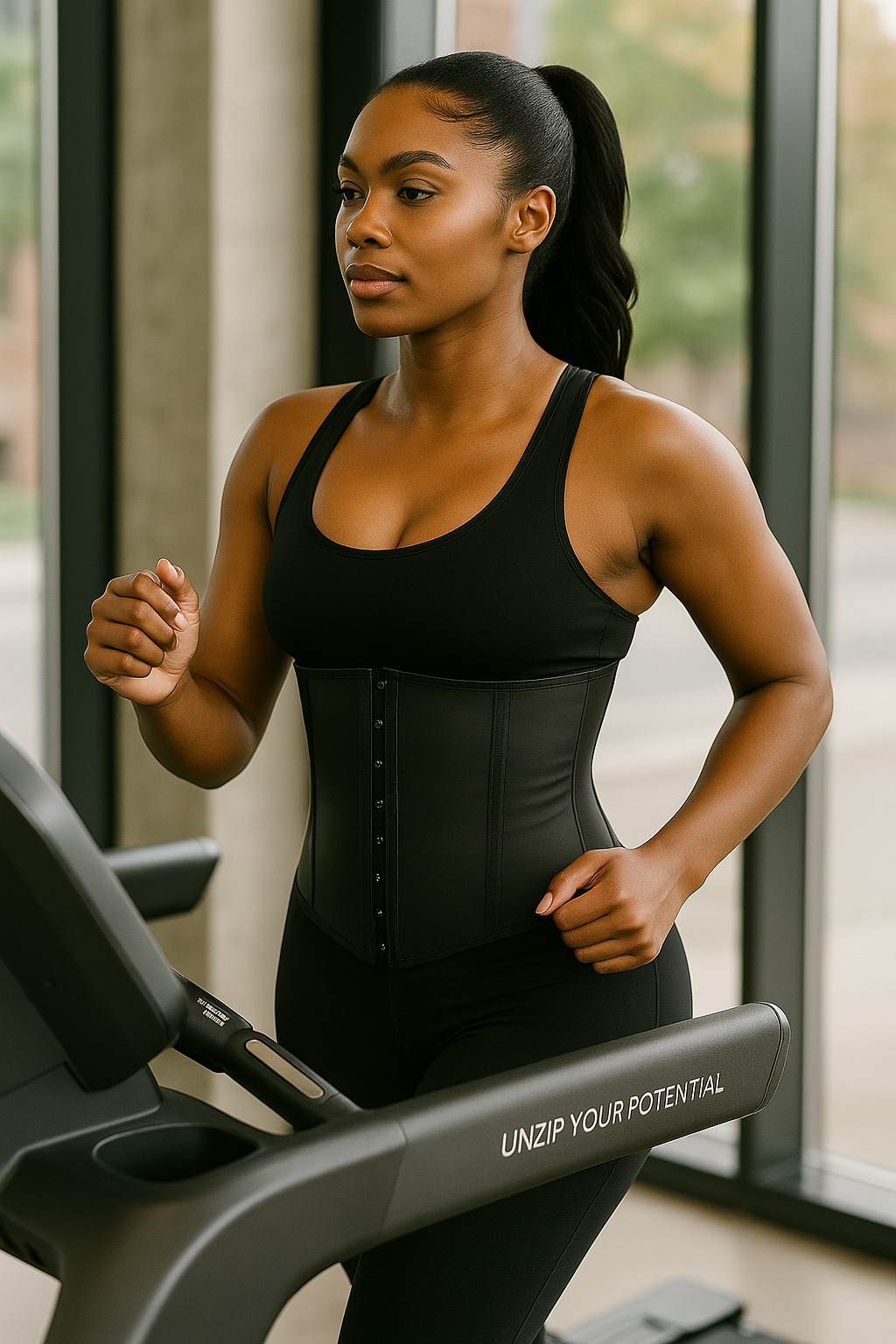 African American woman running on a treadmill wearing a black waist trainer.