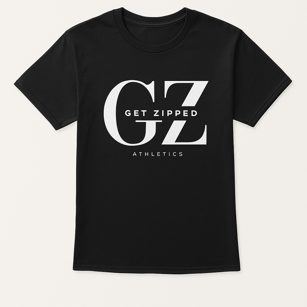 Black ZIPPED Athletics signature tee with large white GZ logo on chest