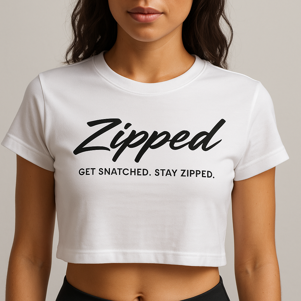 White Zipped Athletics crop top with black script logo