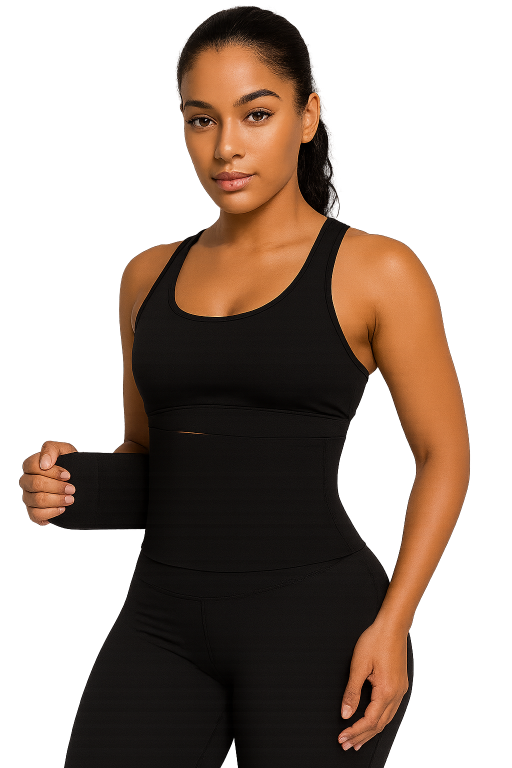 Black fitness belt waist trainer modeled on woman in athletic wear, adjustable compression wrap around midsection for slimming and support.