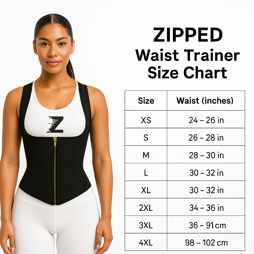 ZIPPED Athletics waist trainer size chart XS–4XL