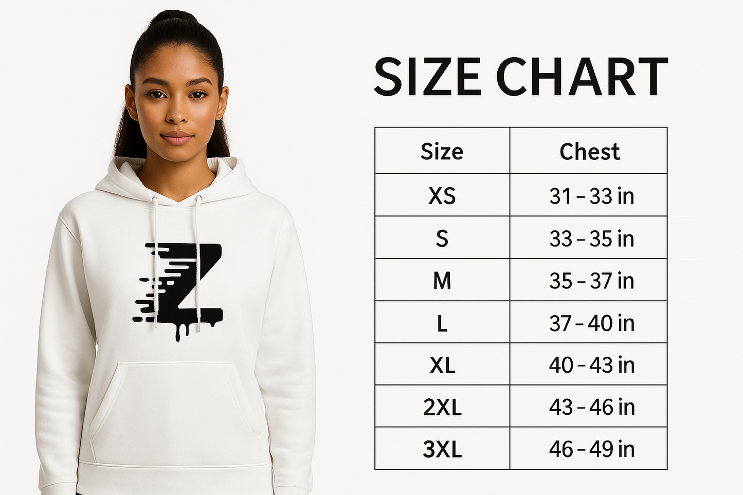 A digital apparel size chart for ZIPPED Athletics tops