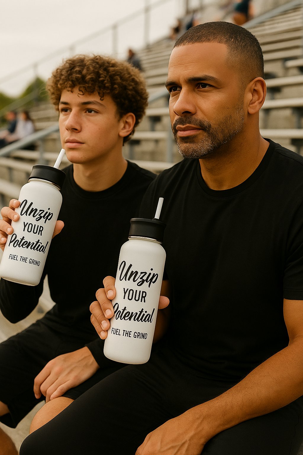 Two men sitting on gym bleachers holding white Zipped Athletics stainless steel water bottles with the phrase “Unzip Your Potential,” representing the Essentials collection.