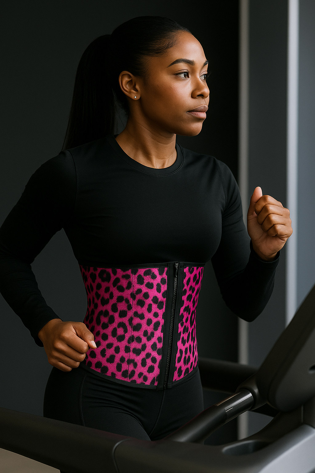 African American woman running on a treadmill wearing a fuchsia leopard print waist trainer.