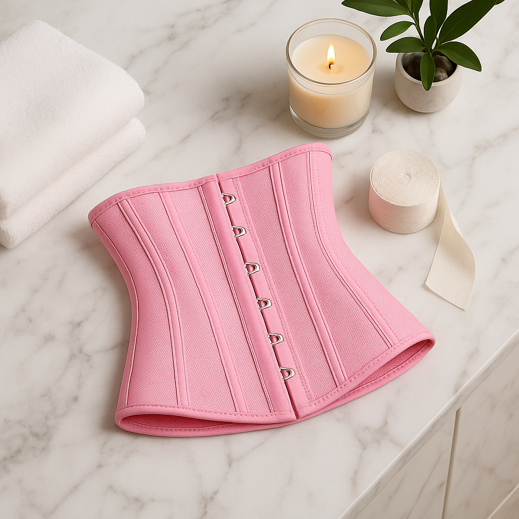 ZIPPED Ultra Waist Trainer in pink displayed on a marble bathroom vanity with spa accessories