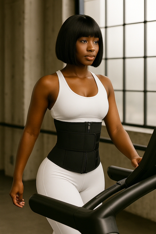 Black mannequin with bob wig wearing white sports bra and leggings, styled with the ZIPPED Double Belt Waist Trainer in black with zipper and velcro straps, posed walking on a treadmill in a modern gym with natural light