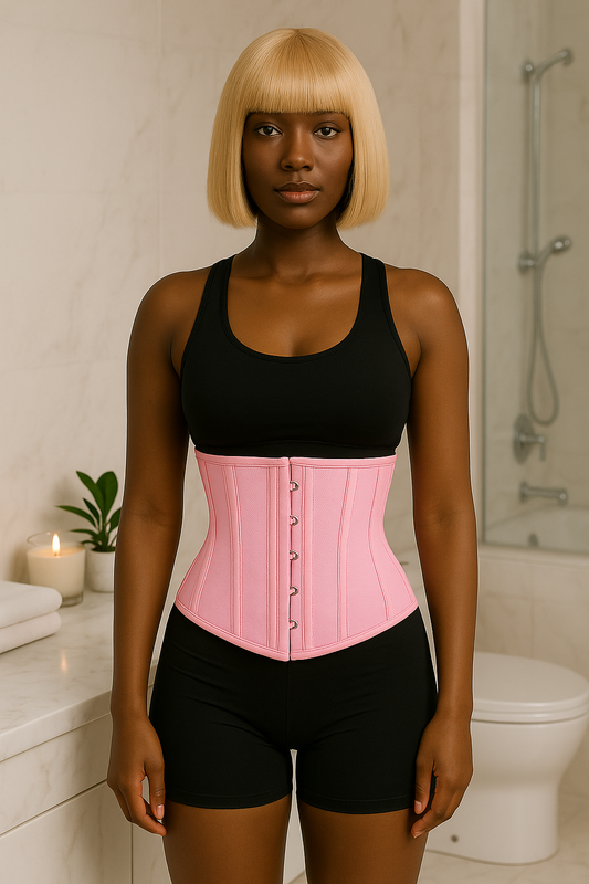 Black mannequin styled with blonde bob wig, black sports bra, and shorts wearing the ZIPPED Ultra Waist Trainer in pink, posed in a luxury bathroom with marble counters and soft lighting.