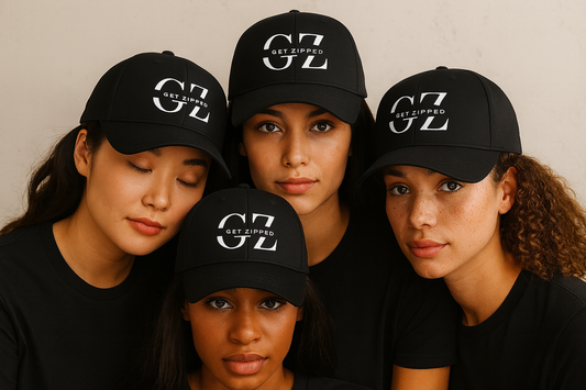 Four diverse women sitting together wearing black Get Zipped dad hats and plain black tops