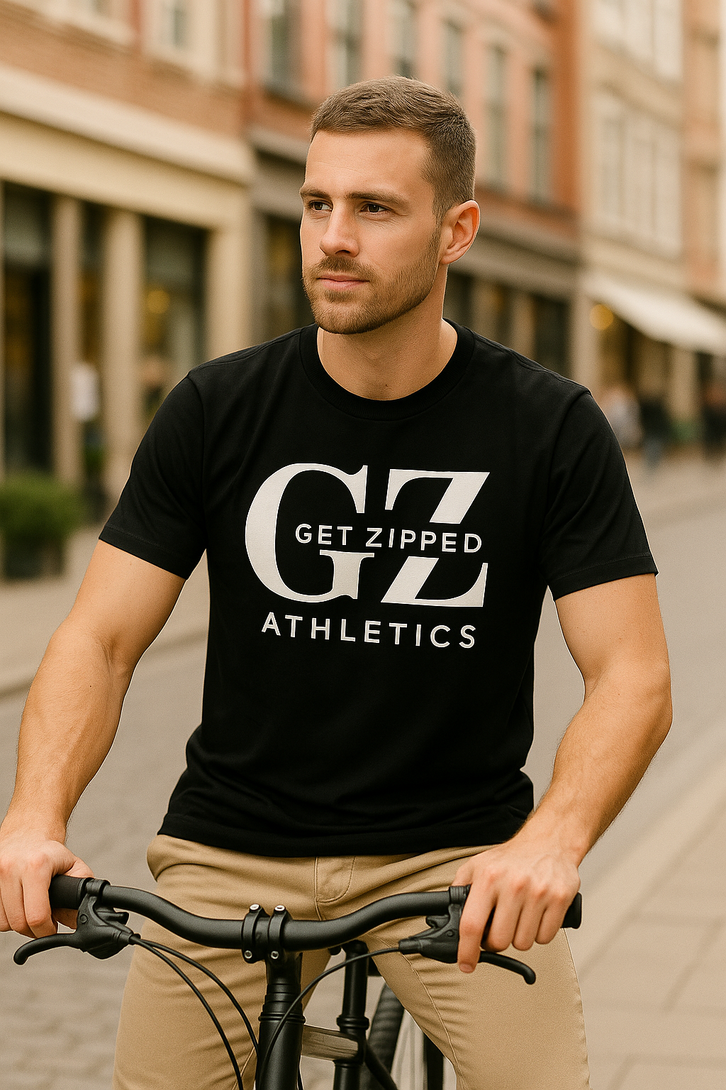 Man wearing a black 'GZ Athletics' t-shirt while riding a bike on a city street.