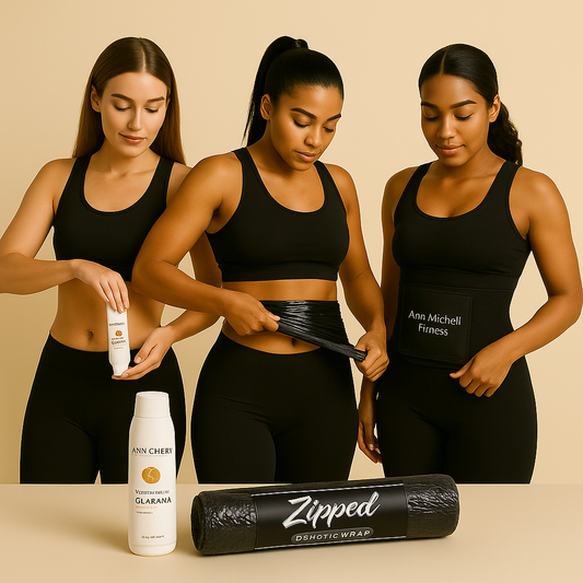 ZIPPED Snatched Bundle lifestyle mockup showing three models: applying gel, wrapping waist, and adjusting waist trainer.