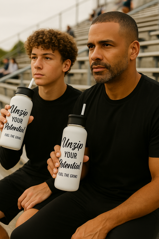 A father and teenage son sitting in stadium bleachers, both dressed in plain black outfits and holding white “Unzip Your Potential” water bottles with straws.