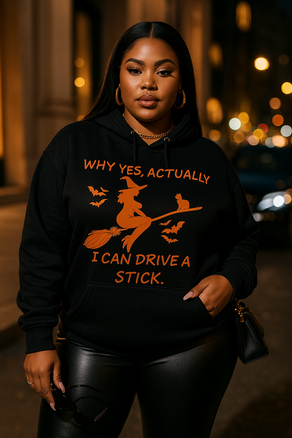 “Plus-size Black woman wearing a black Halloween hoodie with an orange witch graphic that reads ‘Why Yes, Actually, I Can Drive a Stick,’ standing on a city street at night.”