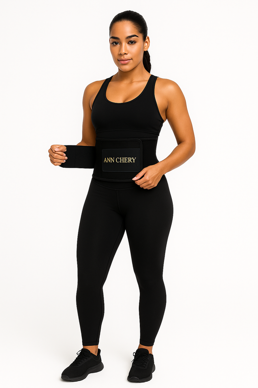 Woman wearing a black sports bra and leggings with 'ANN CHERY' branding on a white background