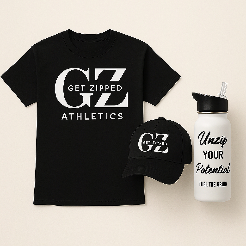 Zipped Essentials Bundle – Get Zipped tee, GZ dad hat, and motivational water bottle Unzip Your Potential.
